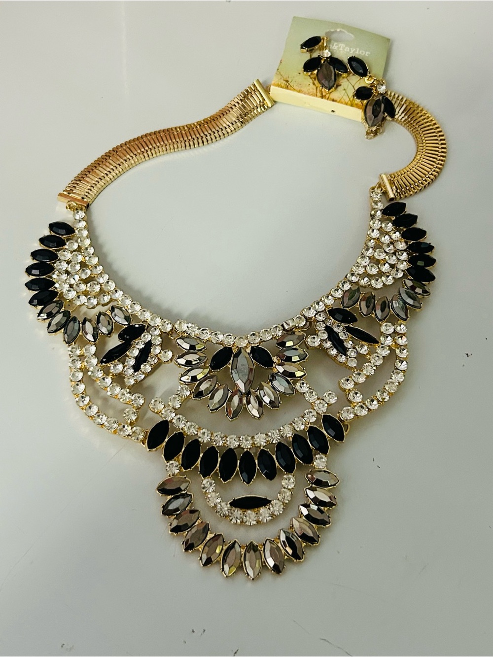 Gold-Tone Black & Clear Crystal Bib Necklace -